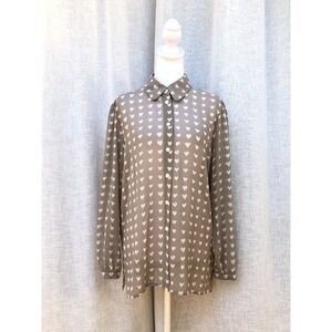 Jaeger long sleeve button down heart pattern  polyester warm gray blouse